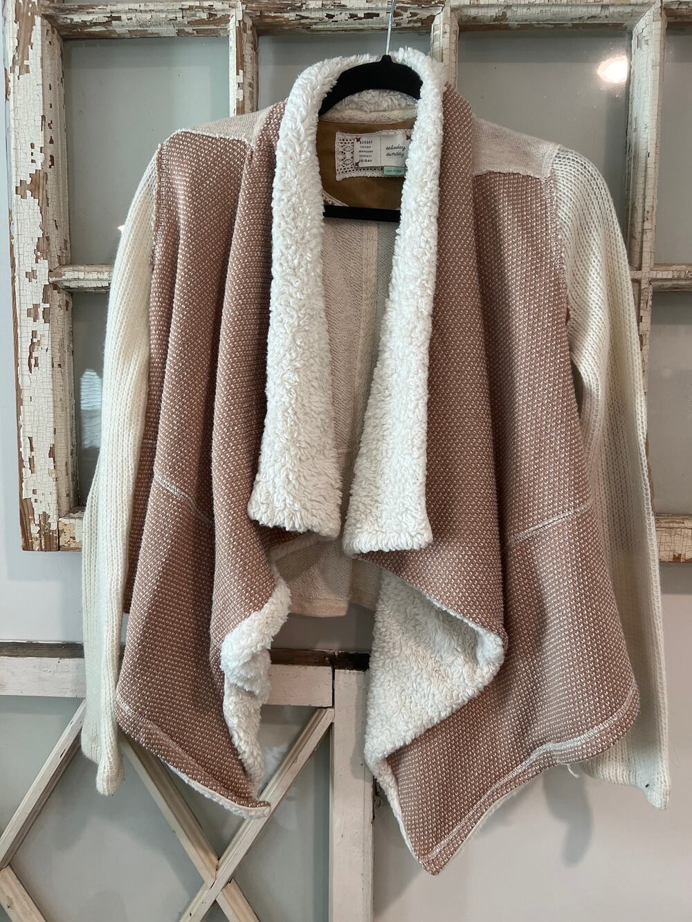 Saturday Sunday size medium sherpa-lined waterfall cardigan tan & cream color